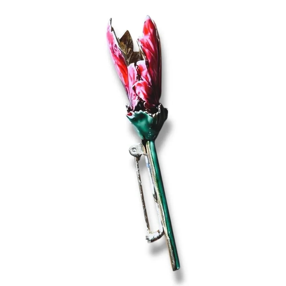 VTG Sandor Brooch Pink Enamel Flower Tulip Peony Gold Tone Mid Century Signed